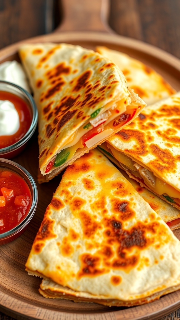 Cheesy Chicken Quesadilla Recipe Sliced chicken quesadilla with melted cheese and bell peppers, served with salsa and sour cream.